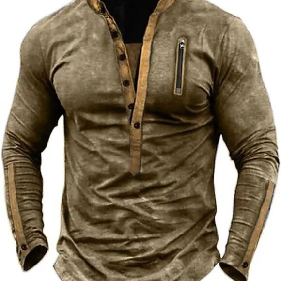 Manly Outdoor Tactical Zipper Henley Neck Brown T Shirt Long Sleeve Mens Medium - Picture 1 of 4